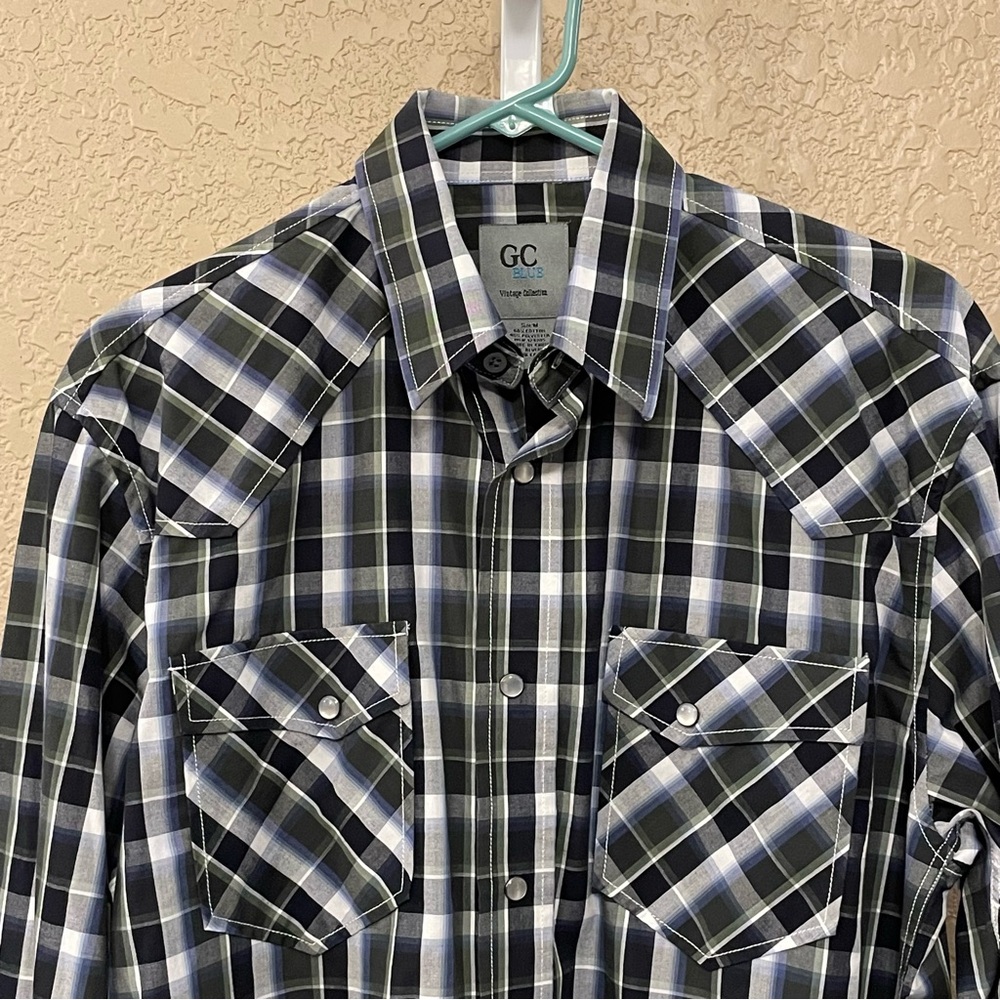 GC Blue Vintage Collection Plaid Pearl Snap Button Western Cowboy Shirt Size M
